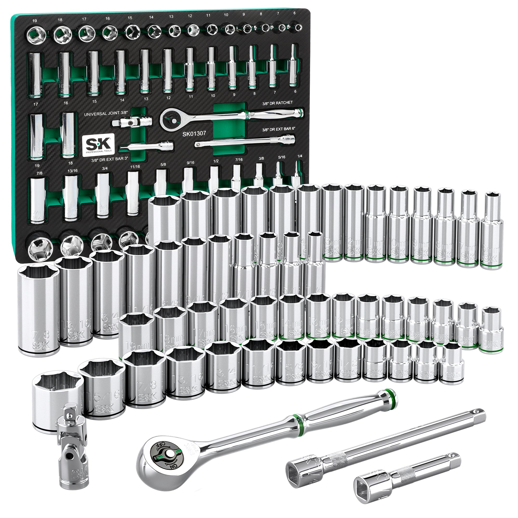 56 Piece 3/8" Drive, 6 Point, Standard & Deep, SAE & Metric Chrome Soc