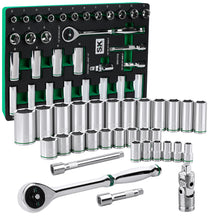 Load image into Gallery viewer, 31 Piece 1/2" Drive, 6 Point, Standard & Deep, Metric Chrome Socket Set