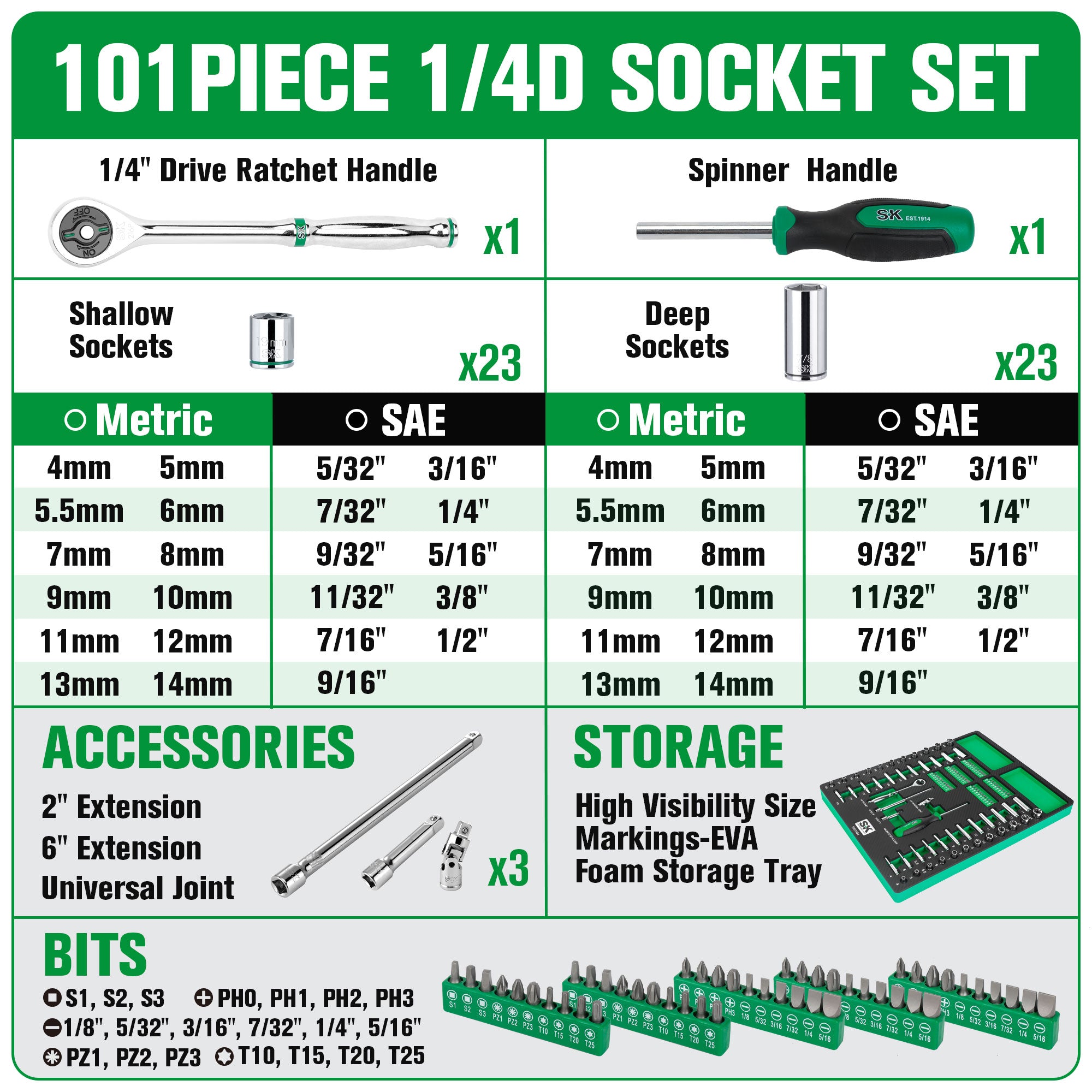 SK01454-216P - 101 Piece, 1/4" Drive, 6 Point, Shallow & Deep, SAE & Metric Chrome Socket Set with Bits View 2