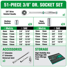 Load image into Gallery viewer, 51 Piece 3/8&quot; Drive, 6 Point, Standard &amp; Deep, SAE &amp; Metric Chrome Socket Set
