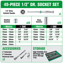 Load image into Gallery viewer, 49 Piece 3/8&quot; Drive, 6 Point, Standard &amp; Deep, SAE &amp; Metric Chrome Socket Set
