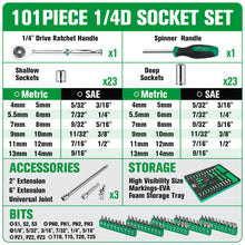 Load image into Gallery viewer, 101 Piece, 1/4&quot; Drive, 6 Point, Shallow &amp; Deep, SAE &amp; Metric Chrome Socket Set with Bits
