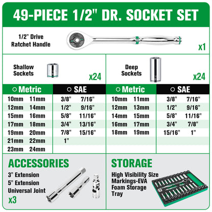 SK01456-216P - 49 Piece 1/2" Drive, 6 Point, Standard & Deep, SAE & Metric Chrome Socket Set View 2