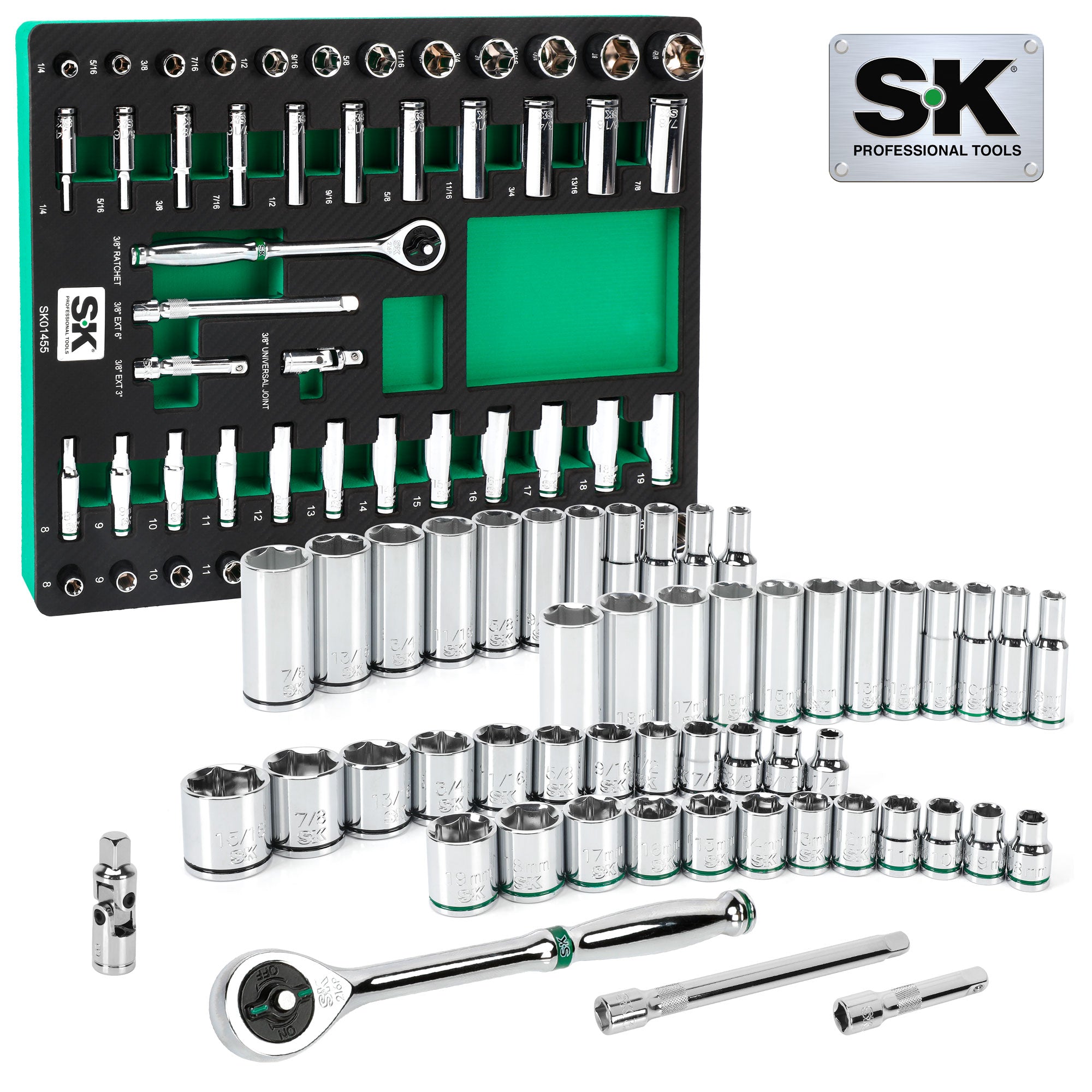 SK01455-216P - 51 Piece 3/8" Drive, 6 Point, Standard & Deep, SAE & Metric Chrome Socket Set