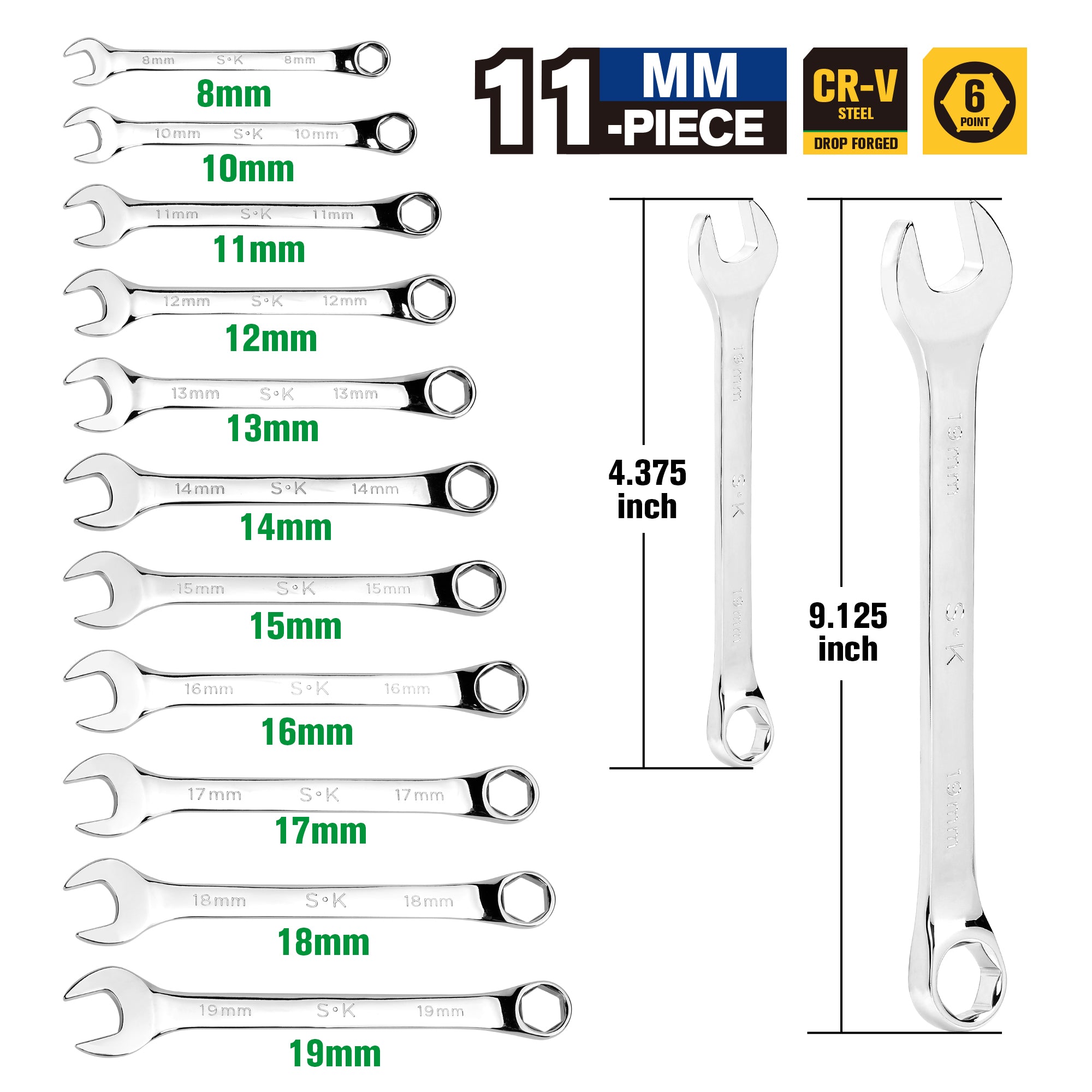 SK Tools 19-Piece Metric Combination Wrench Set - 6-24mm SuperKrome Long Pattern
