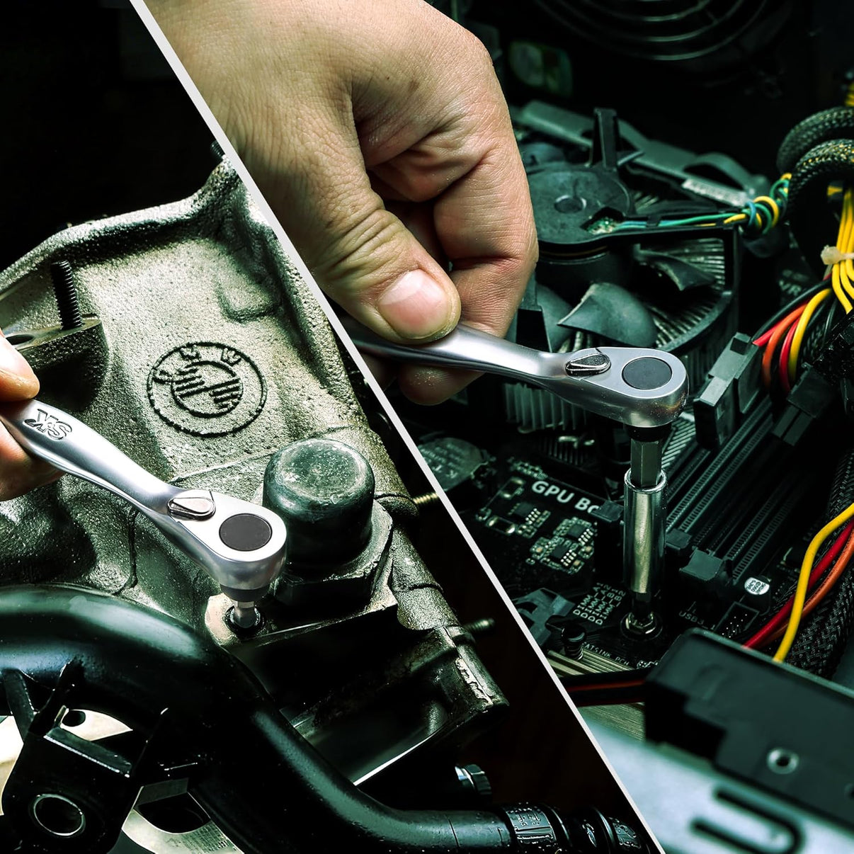 Close-up of a hand using a wrench on a car engine and computer motherboard.