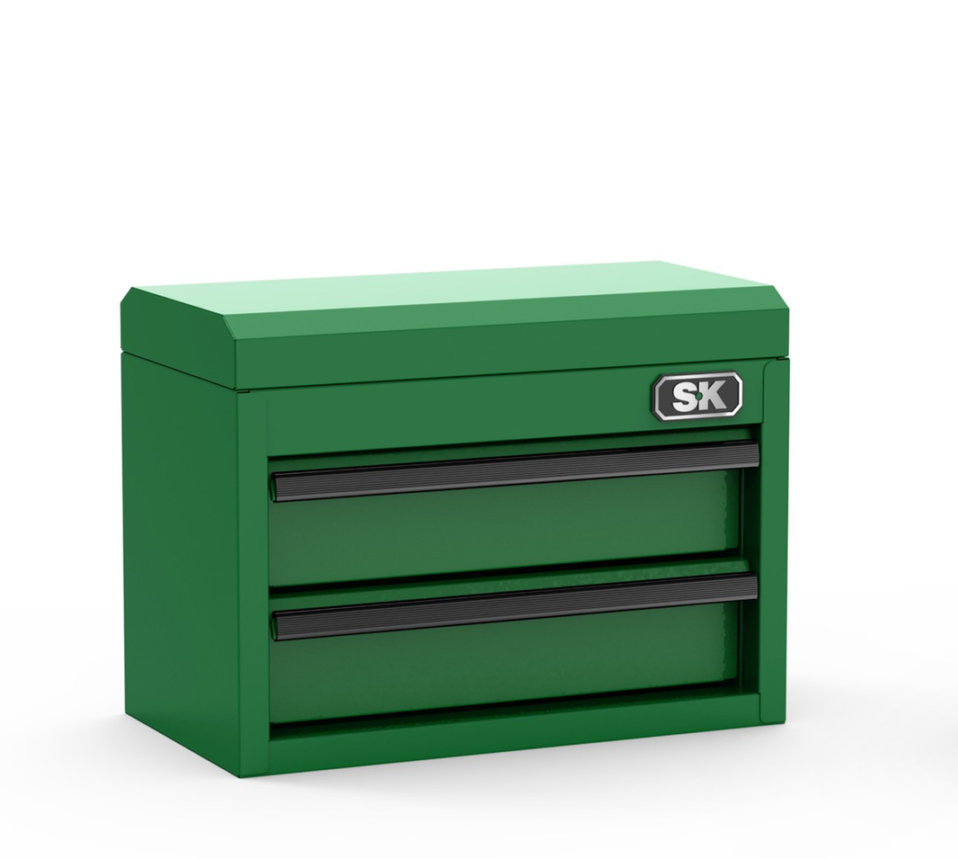 Green SK Tools USA mini tabletop toolbox with two sliding drawers for storage