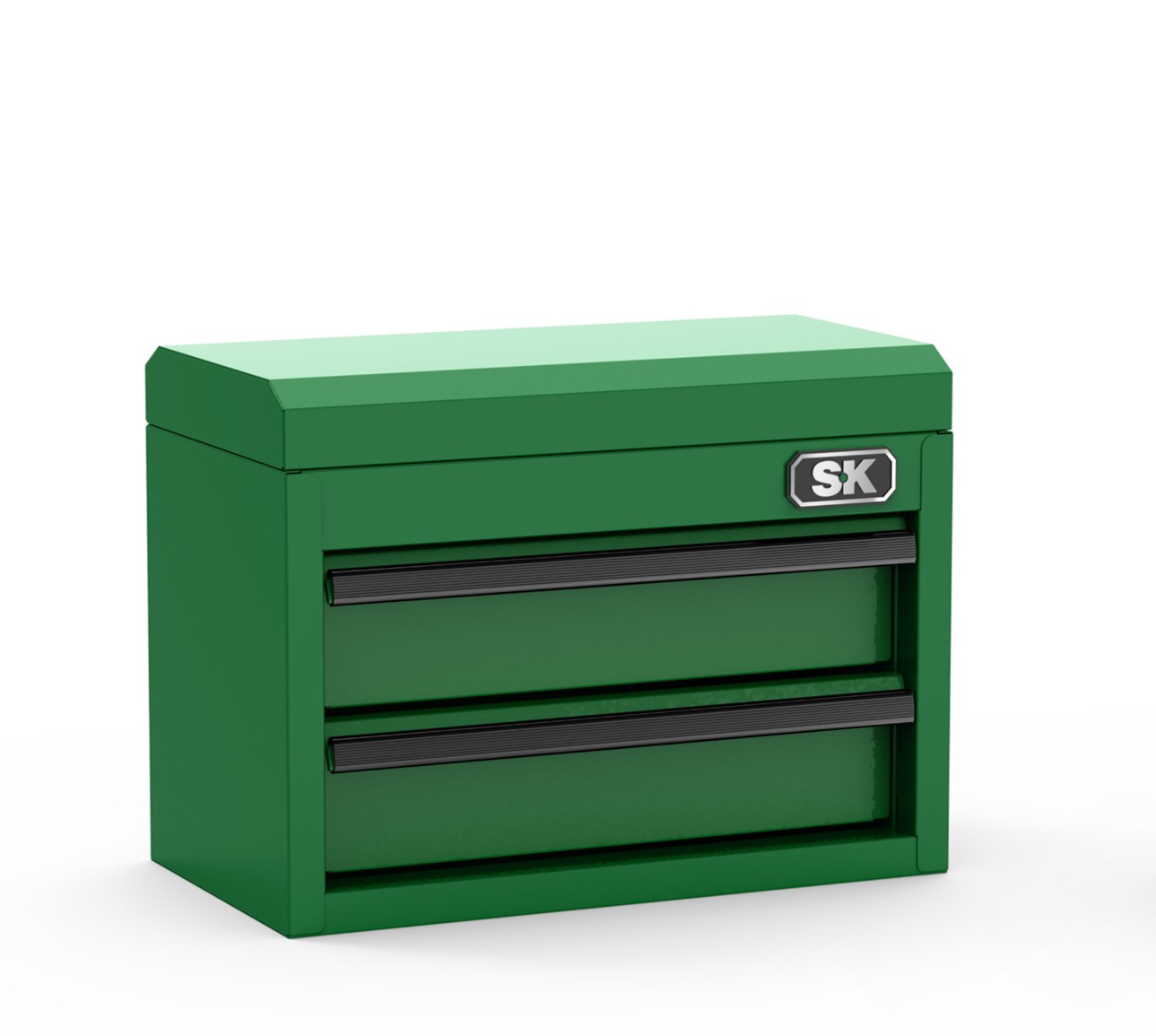Green SK Tools USA mini tabletop toolbox with two sliding drawers for storage