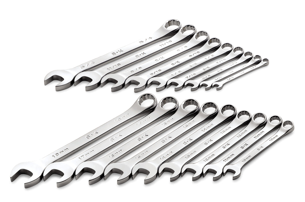 18 Piece 12 Pt SAE/Metric Regular Combination Chrome Wrench Set