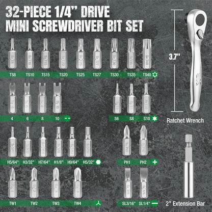32-piece 1/4" drive mini screwdriver bit set with ratchet wrench and extension bar on a dark background