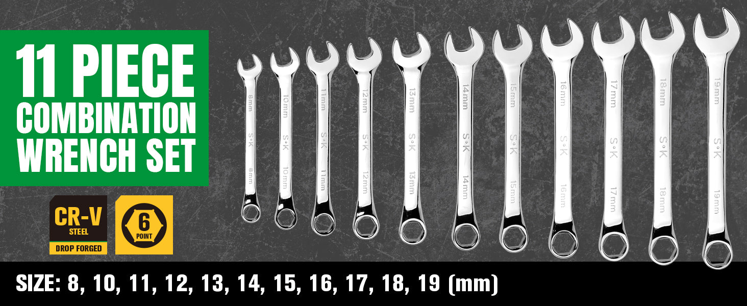 SK Tools 19-Piece Metric Combination Wrench Set - 6-24mm SuperKrome Long Pattern