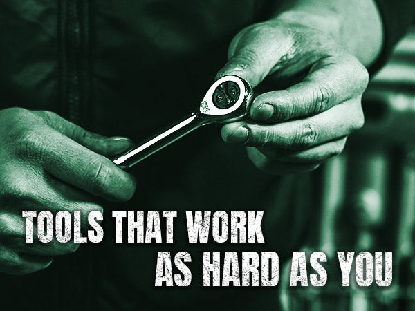 Person holding a wrench with text 'Tools that work as hard as you' in a monochromatic style.