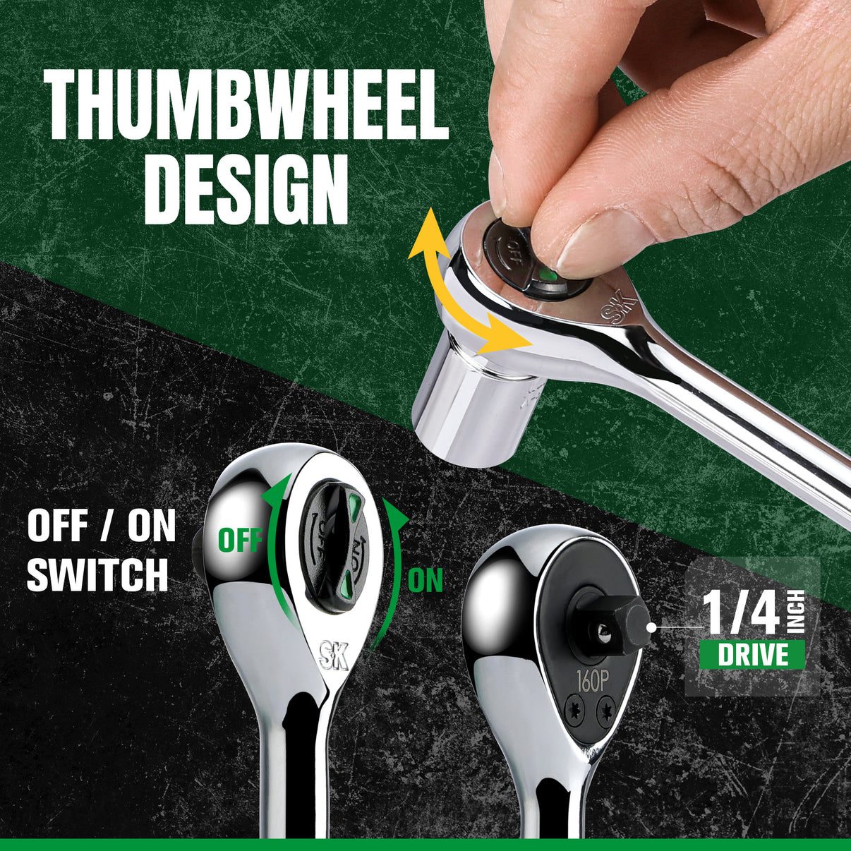 Ratchet wrench with thumbwheel design and switch, on a green and black background.