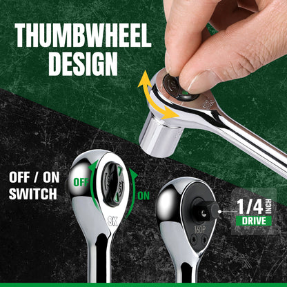 Ratchet wrench with thumbwheel design and switch, on a green and black background.