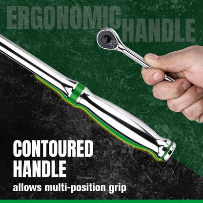 Mechanic's ratchet handle with contoured handle design on a textured green and black background.