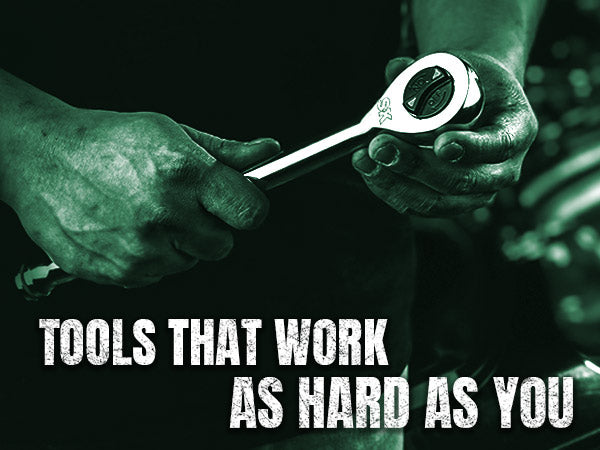 Person holding a tool with text 'Tools that work as hard as you' on a dark background
