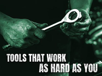 Person holding a tool with text 'Tools that work as hard as you' on a dark background
