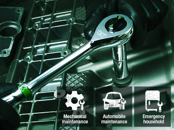 Chrome wrench on a mechanical surface with icons and text for mechanical, automotive, and emergency household maintenance.