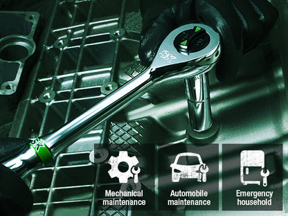 Chrome wrench on a mechanical surface with icons and text for mechanical, automotive, and emergency household maintenance.