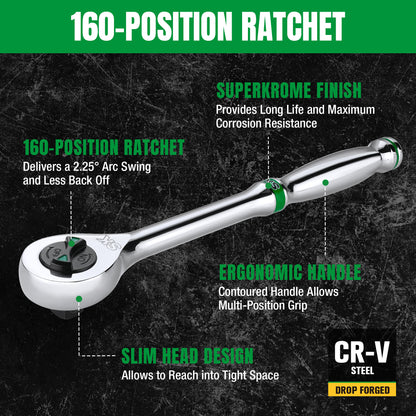 160-position ratchet tool with features highlighted on a dark background