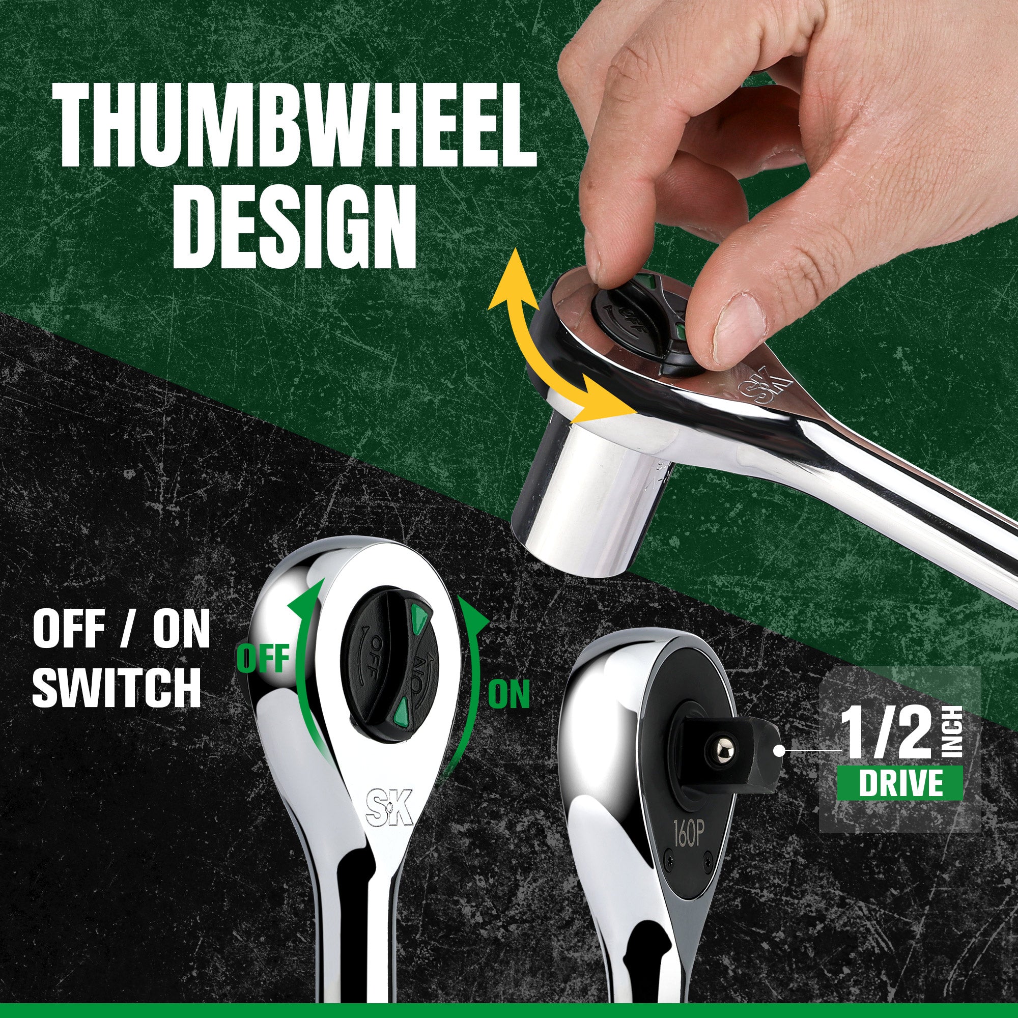 Hand using a ratchet wrench with thumbwheel design, labeled features on a green and black background.