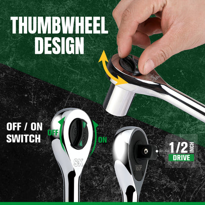 Hand using a ratchet wrench with thumbwheel design, labeled features on a green and black background.