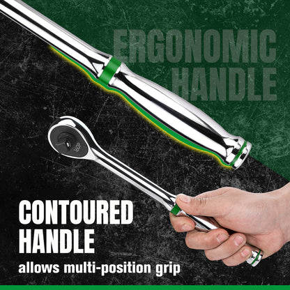 Mechanical wrench with contoured handle and ergonomic design on a dark background