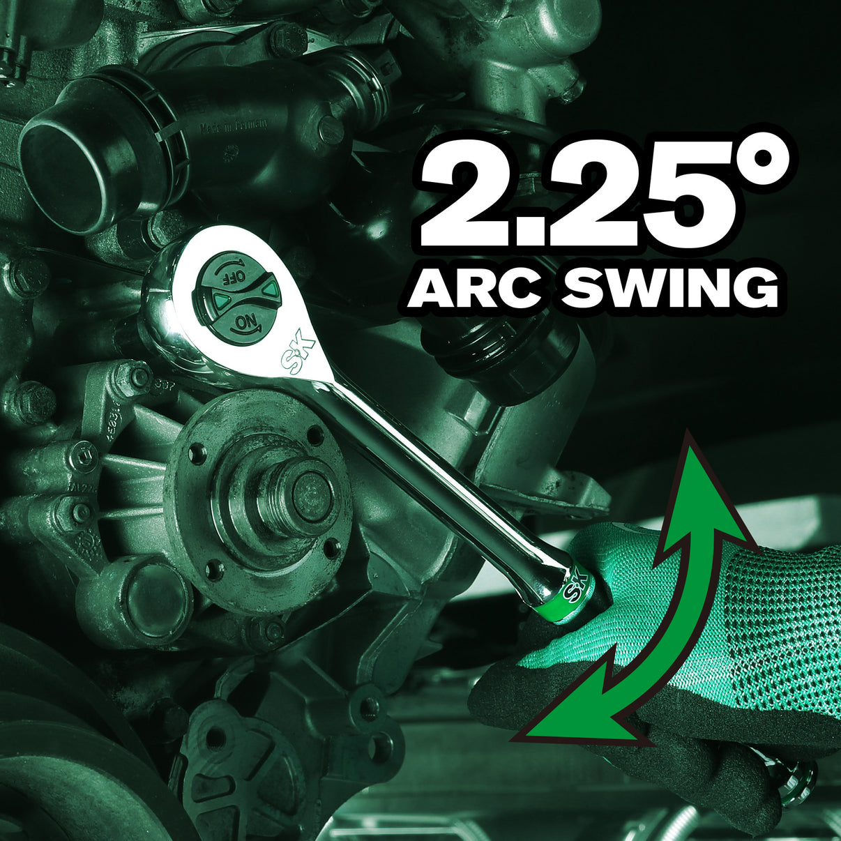Wrench on mechanical parts with '2.25° Arc Swing' text and green arrow.