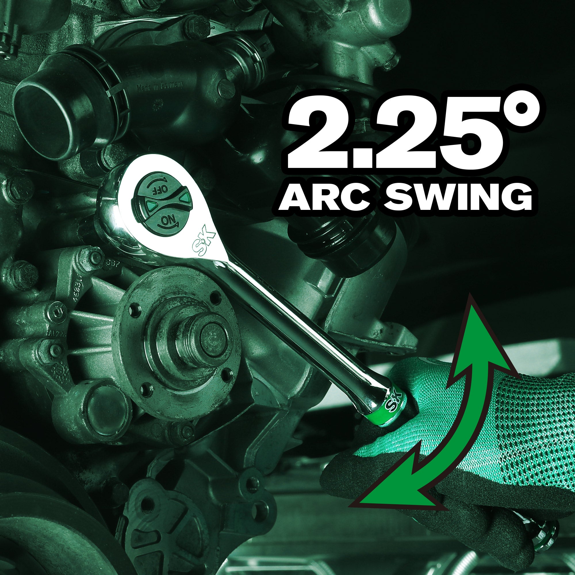 Wrench on mechanical parts with '2.25° Arc Swing' text and green arrow.