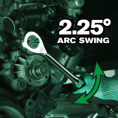 Wrench on mechanical parts with '2.25° Arc Swing' text and green arrow.