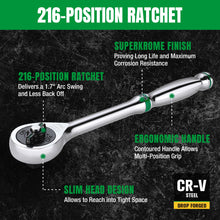 Load image into Gallery viewer, 1/2&quot; Drive, 216-Position Reversible Chrome Ratchet, 11.2&quot; Long
