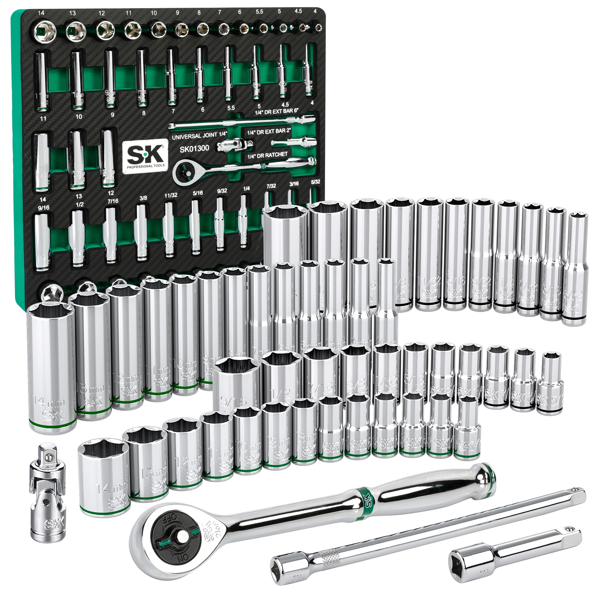 1/4" Drive, 52 Piece, 6 Point, Shallow & Deep, SAE & Metric Chrome Soc – SK Tools USA, LLC