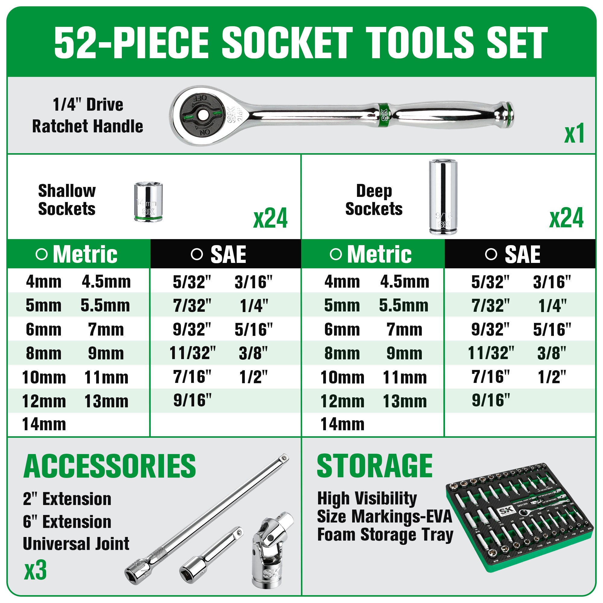 SK01300-216P - 1/4" Drive, 52 Piece, 6 Point, Shallow & Deep, SAE & Metric Chrome Socket Set View 2