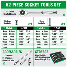 Load image into Gallery viewer, 1/4&quot; Drive, 52 Piece, 6 Point, Shallow &amp; Deep, SAE &amp; Metric Chrome Socket Set
