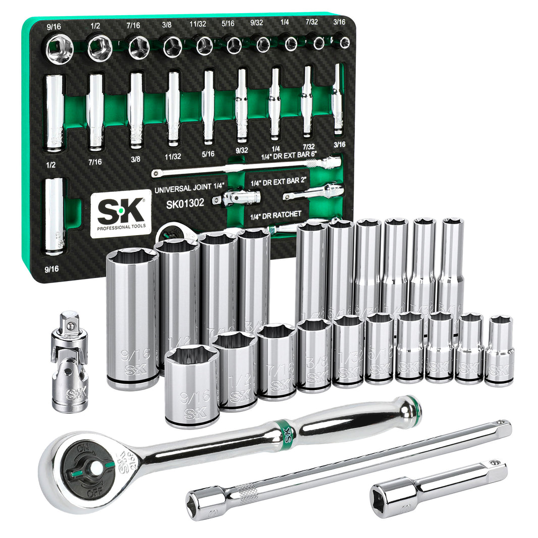 SK01302-216P - 24 Piece 1/4" Drive, 6 Point, Shallow & Deep, SAE Chrome Socket Set with 216-Position Ratchet