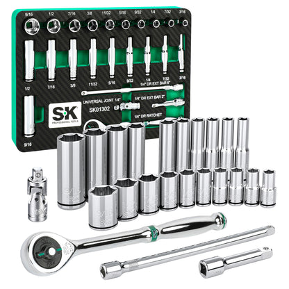 SK01302-216P - 24 Piece 1/4" Drive, 6 Point, Shallow & Deep, SAE Chrome Socket Set with 216-Position Ratchet