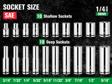 Load image into Gallery viewer, 24 Piece 1/4&quot; Drive, 6 Point, Shallow &amp; Deep, SAE Chrome Socket Set with 216-Position Ratchet
