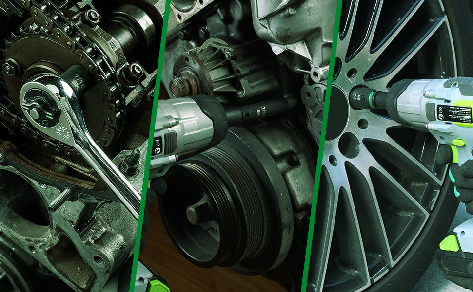 Close-up of a car engine with tools and a wheel in the background