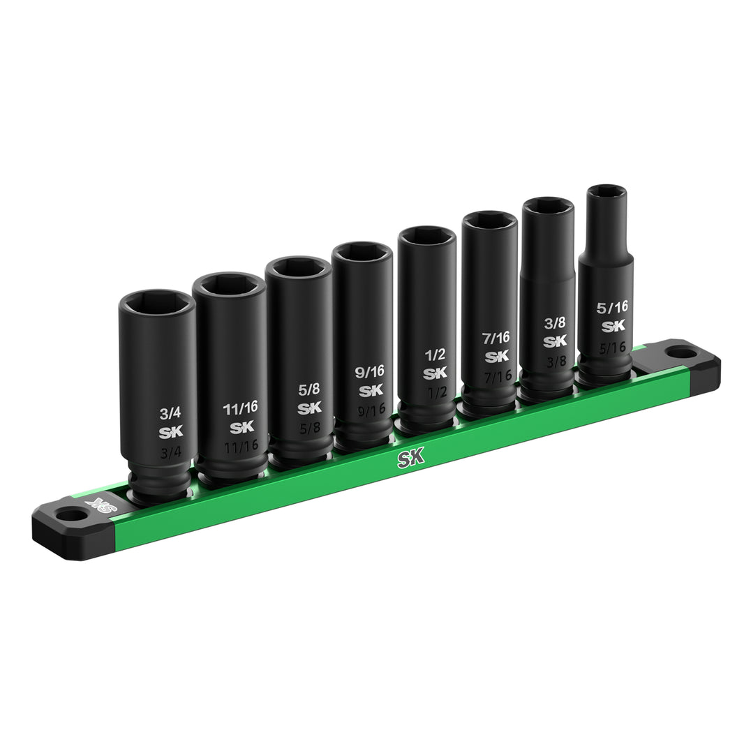 Set of sockets on a green holder with SK logo on a white background