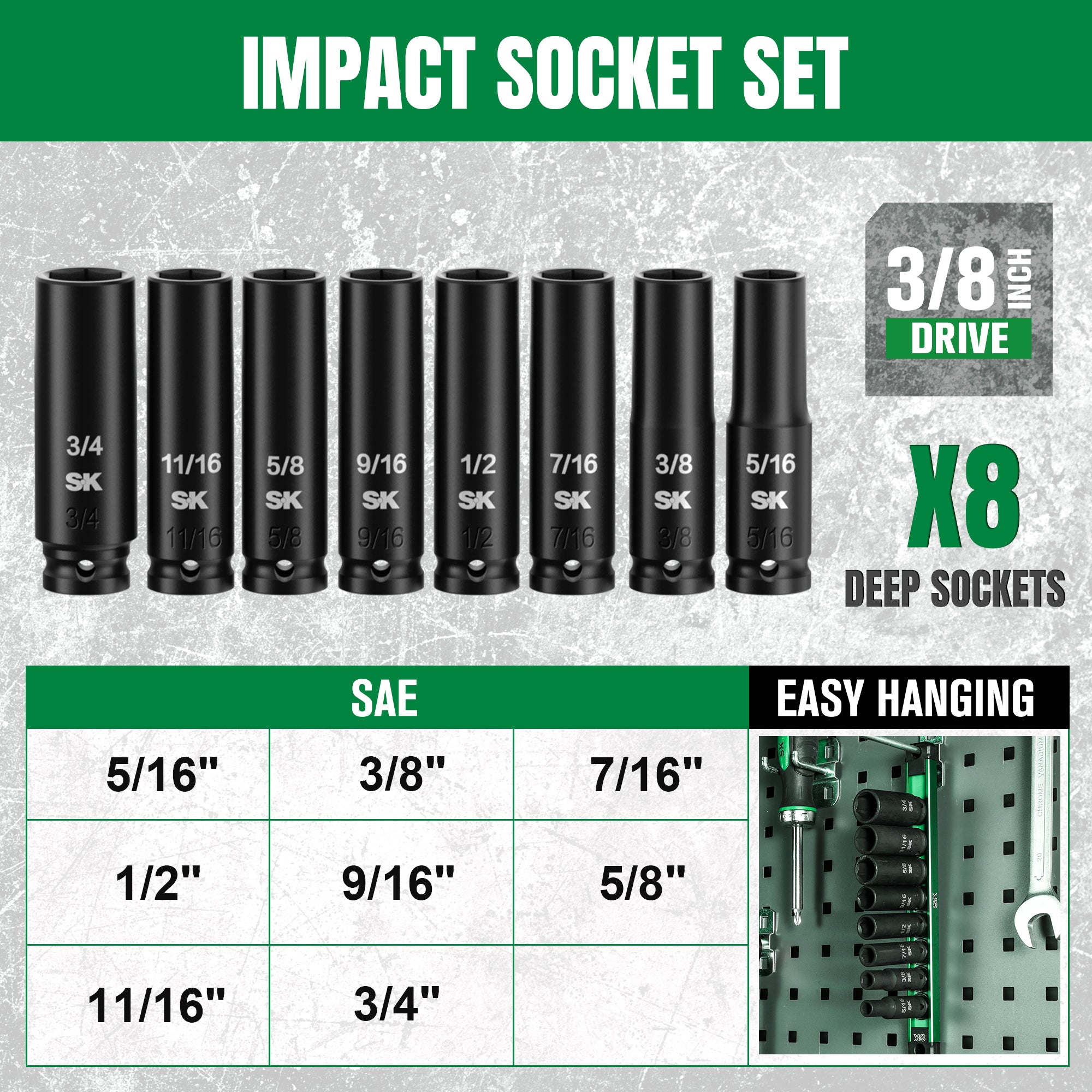 Set of impact sockets with measurements and a pegboard for easy hanging on a gray background.