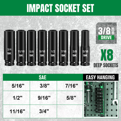 3/8" Drive, 8 Piece, 6 Point, Deep SAE Impact Socket Set, #SK01350