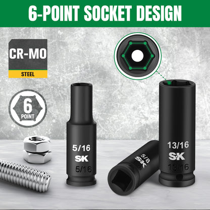 Black sockets with measurements and a 6-point socket design on a gray background