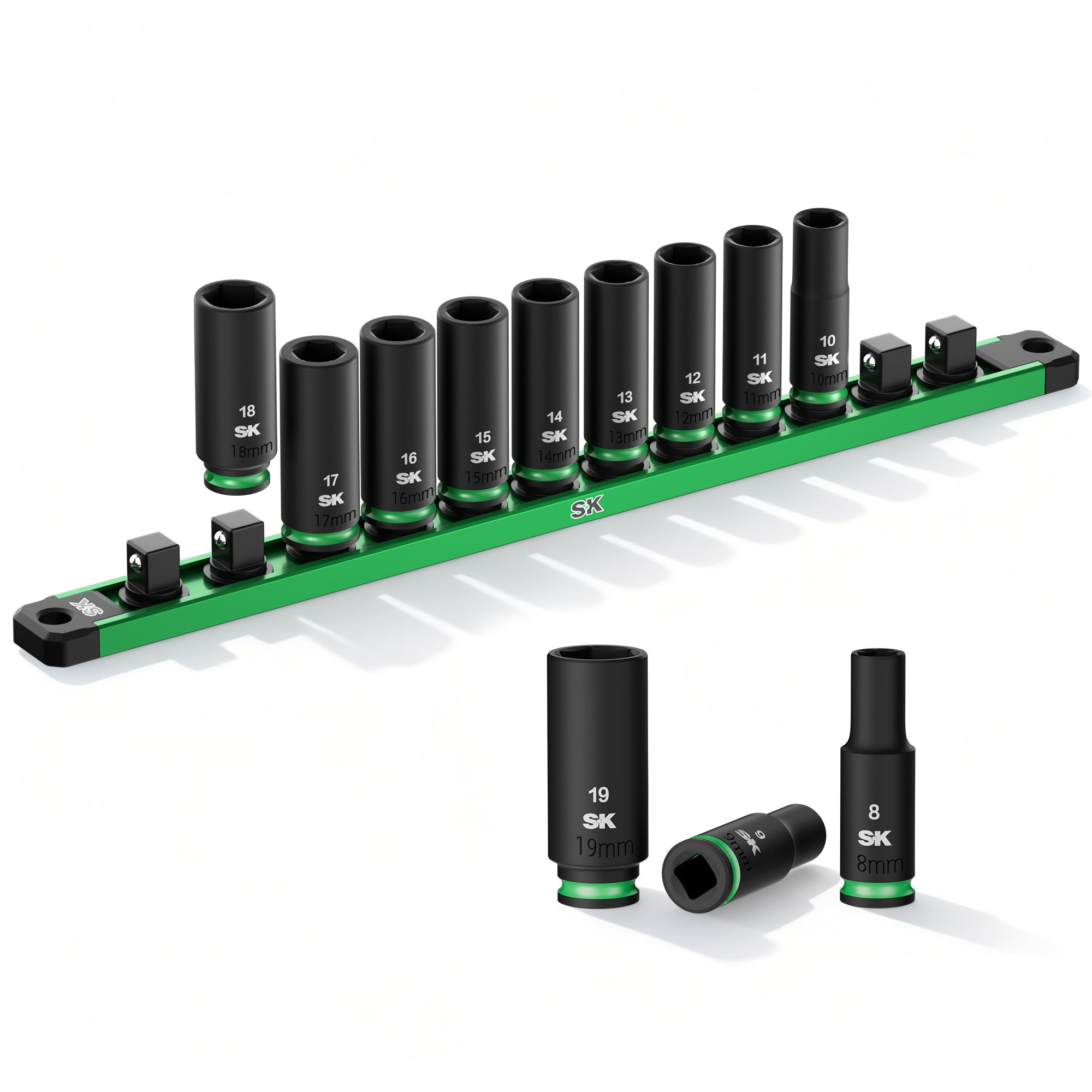 Set of socket tools with a green holder on a white background