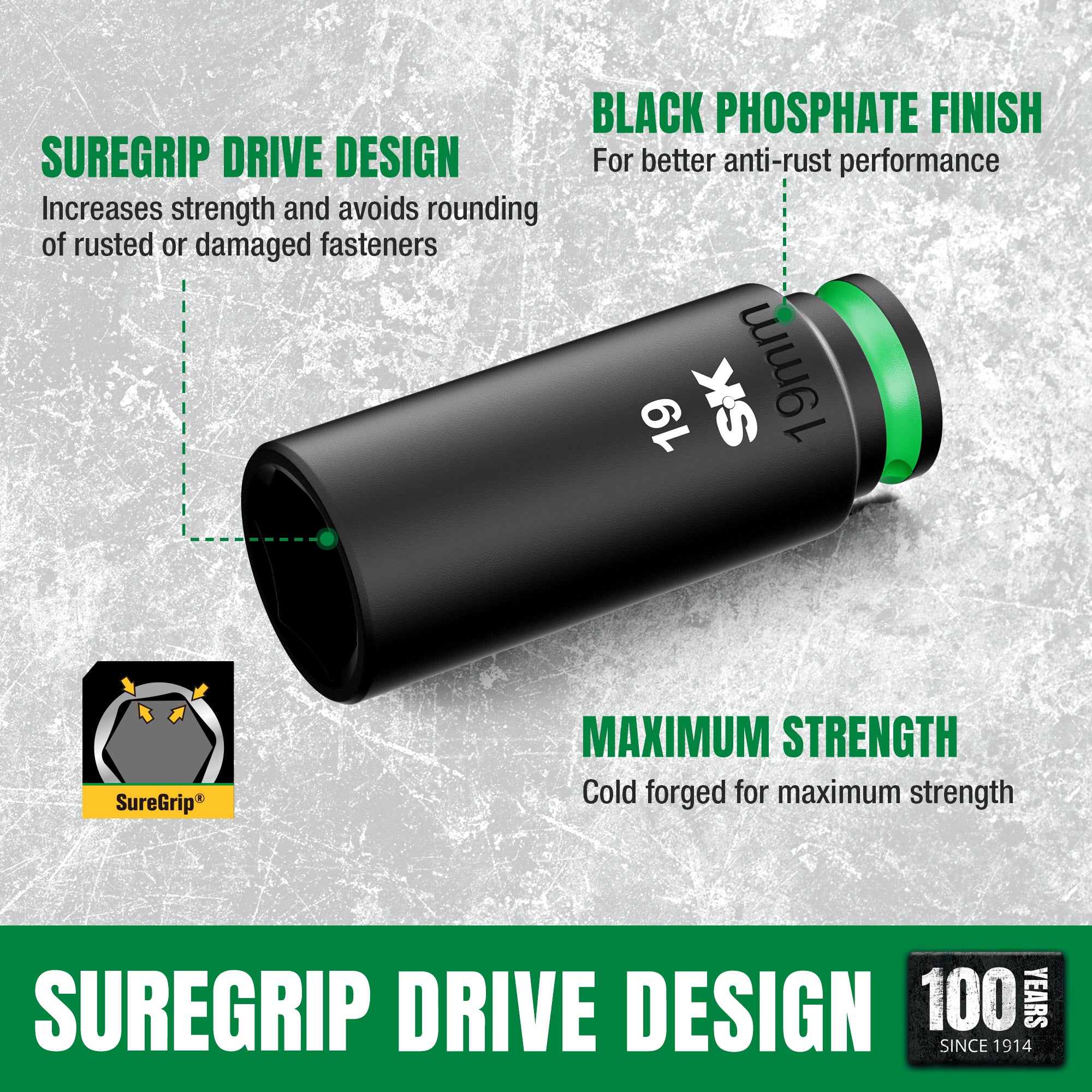Black socket tool with SureGrip drive design and black phosphate finish on a textured gray background.