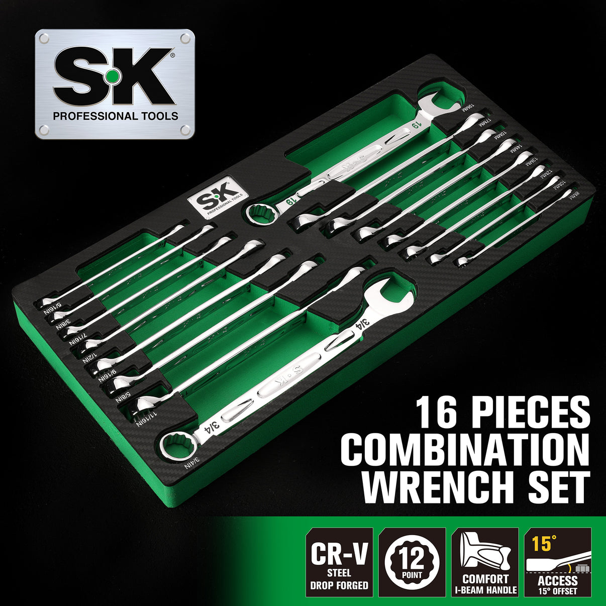 SK01368 - 16 Piece, 12 Point, SAE & Metric Chrome Combination Wrench Set View 2