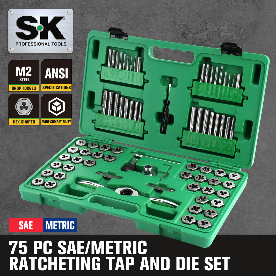 Green tool set with ratcheting tap and die components on a gray background, featuring SK Professional Tools branding.