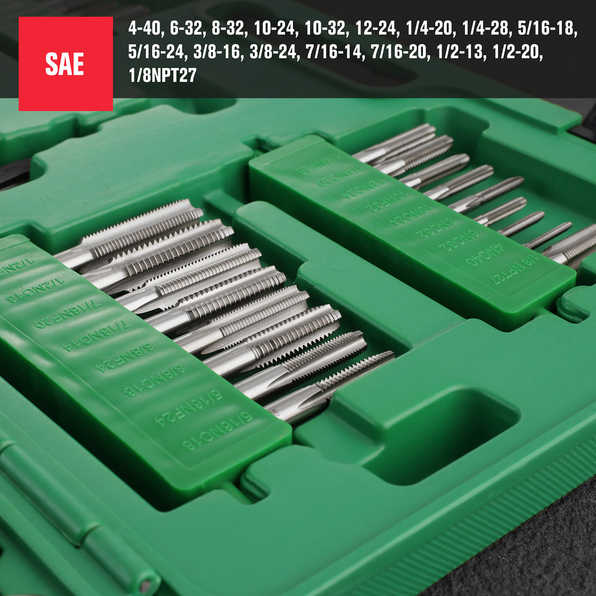 Set of sae tap and die tools in a green case with visible brand logo.
