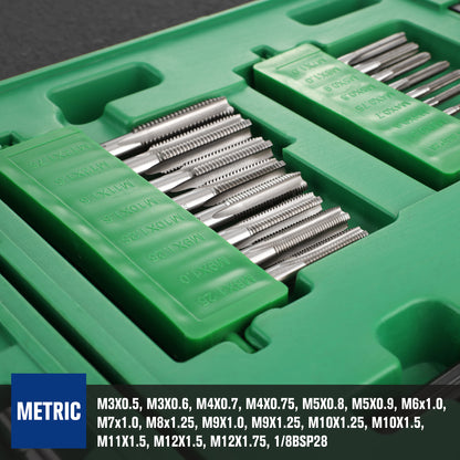 Set of metric tap and die tools in a green case with visible brand logo.