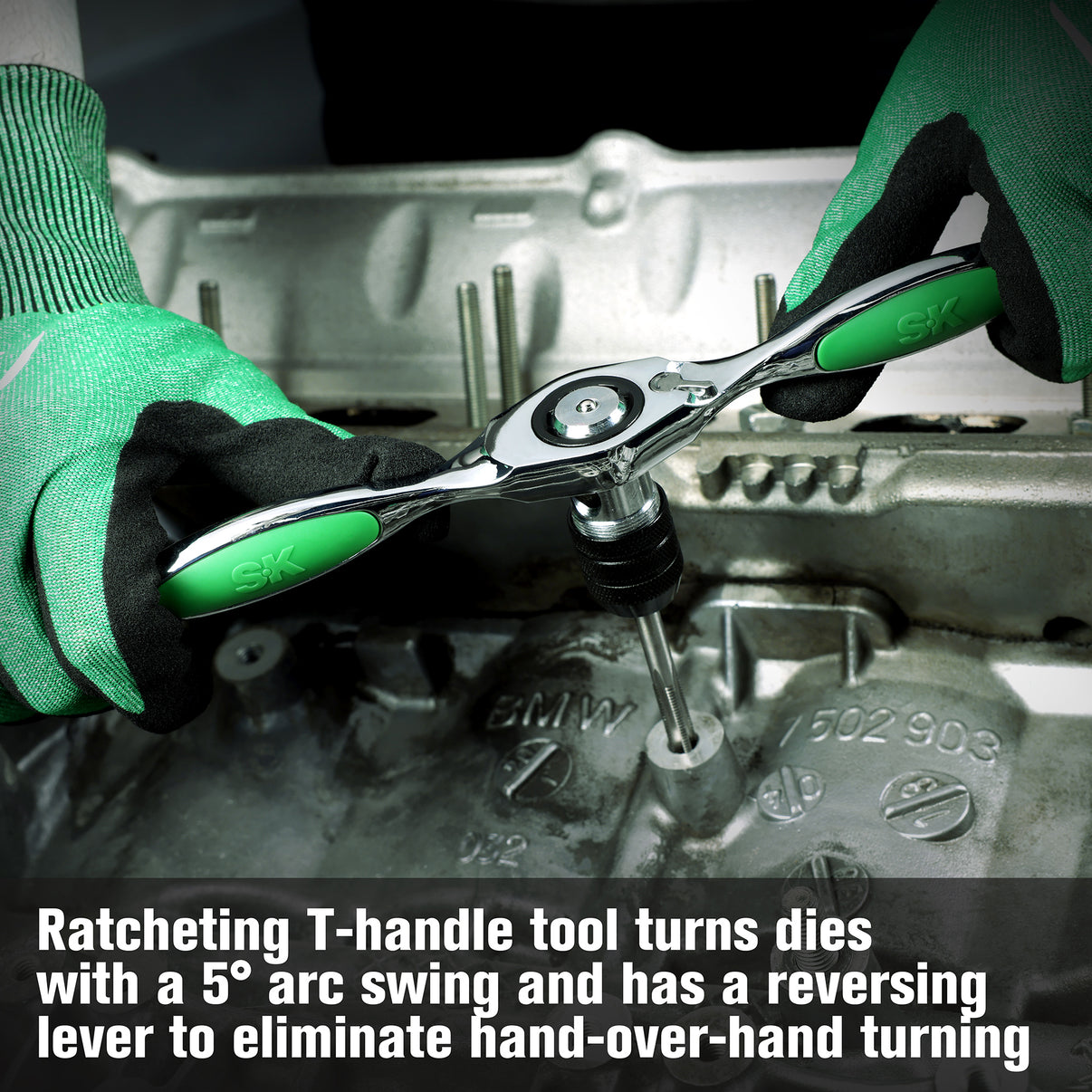 Person using a ratcheting T-handle tool on a mechanical component with text describing the tool's features.