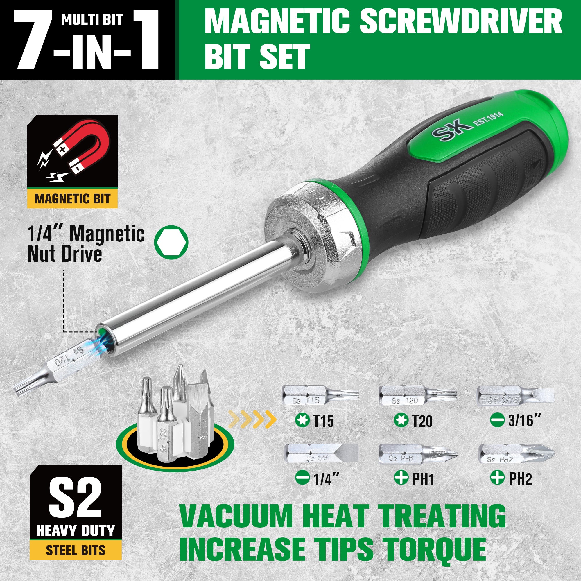 7-in-1, 216-Position Reversible Ratcheting Screwdriver – SK Tools